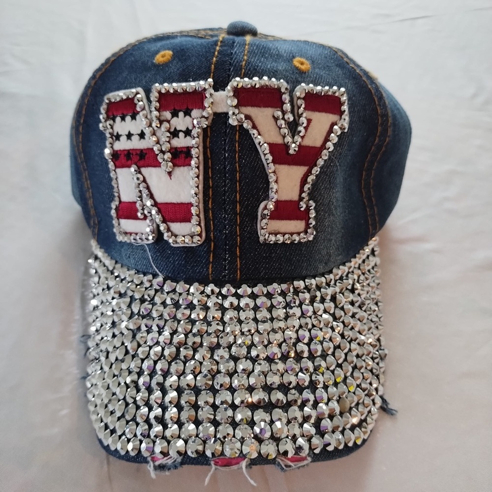 Jean Hat with NY Bling HOTFIX RHINESTONES HEAT TRANSFER. New